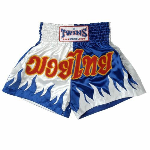 Шорты Twins Special Muay Thai Shorts Duo colors long with flame Blue White